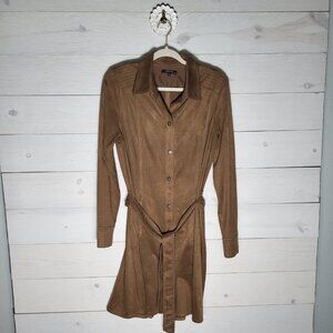 Women's Faux Suede Jacket Long Brown Button Up Belted Western.